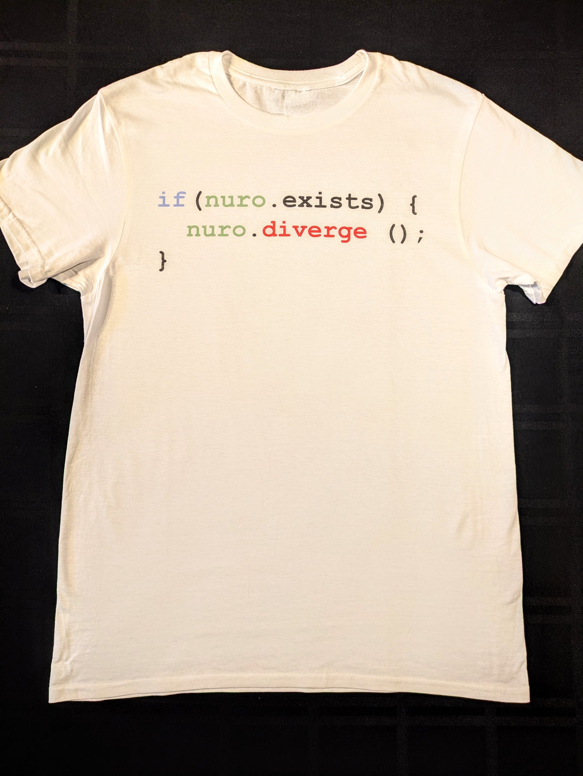 White t-shirt with computer code text stating that if nuro exists, then nuro must diverge