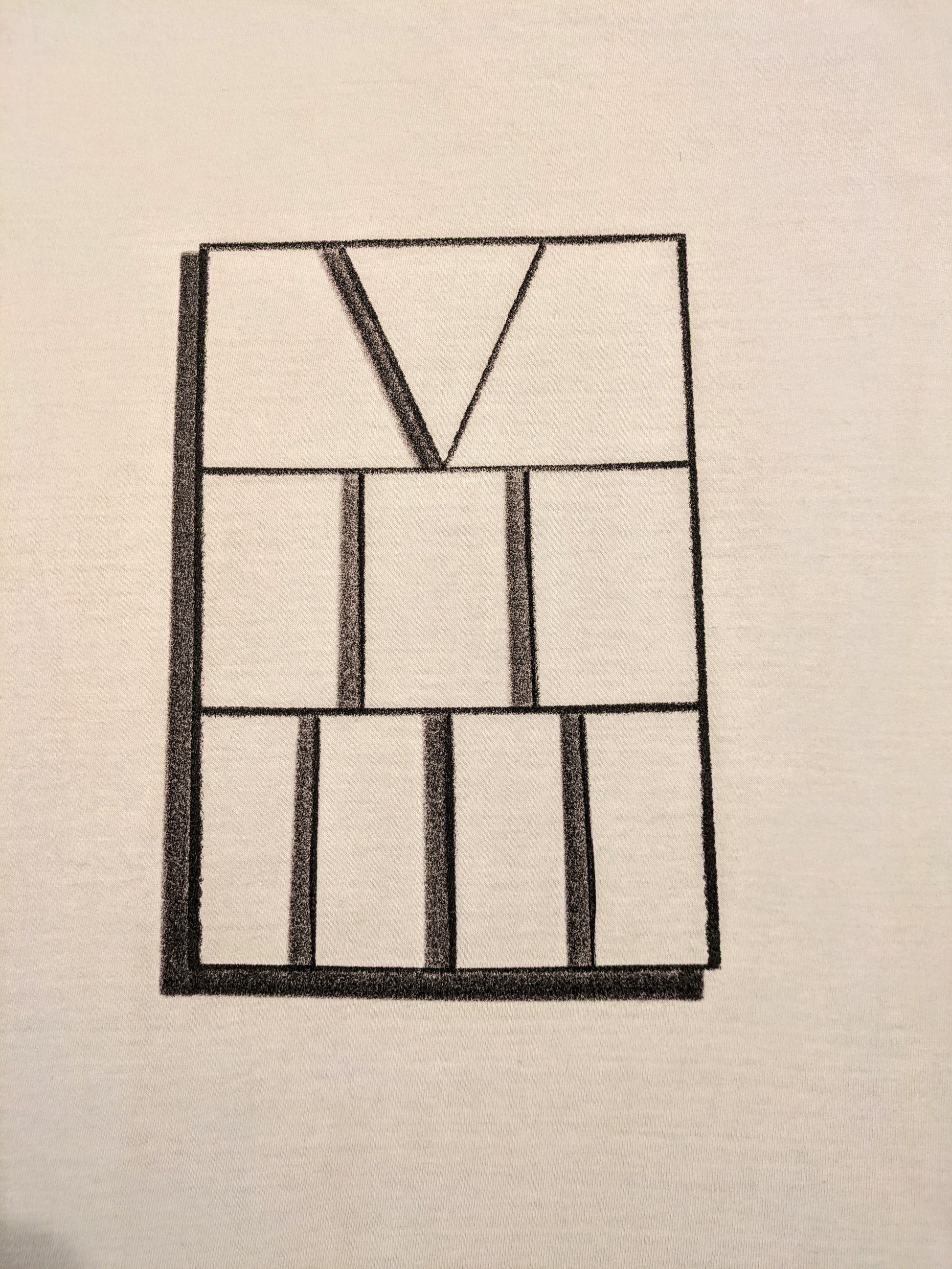 Fine line rectangle with roman numerals five two three aligned vertically on white shirt