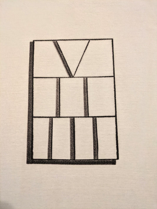 Fine line rectangle with roman numerals five two three aligned vertically on white shirt