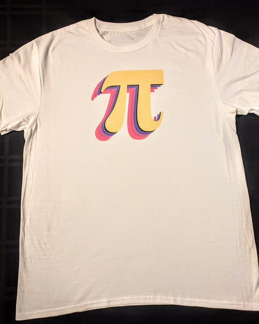 White t-shirt with golden pi symbol featuring a blue purple and pink dropshadow 