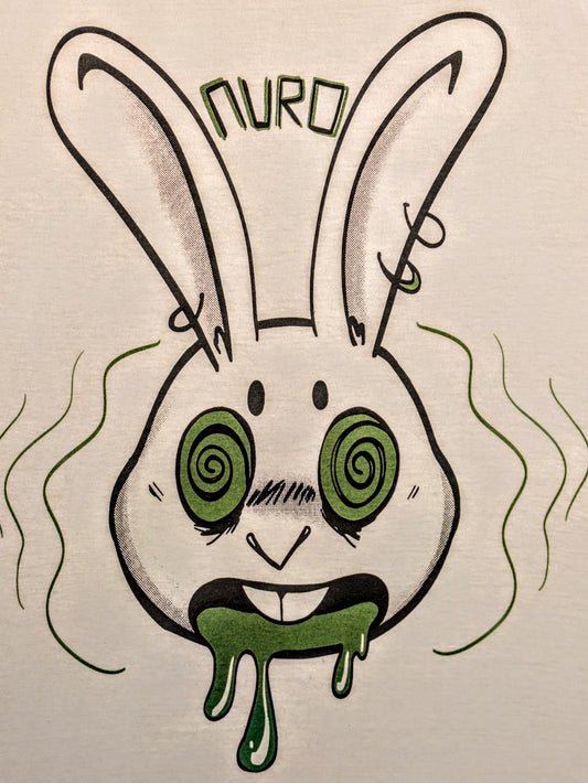 Cartoon anthro rabbit with pierced ears, green hypnotized eyes, an open mouth and green drool. Block lettering above spelling Nuro.