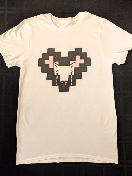 White shirt with a pixel heart and crying Coyote character