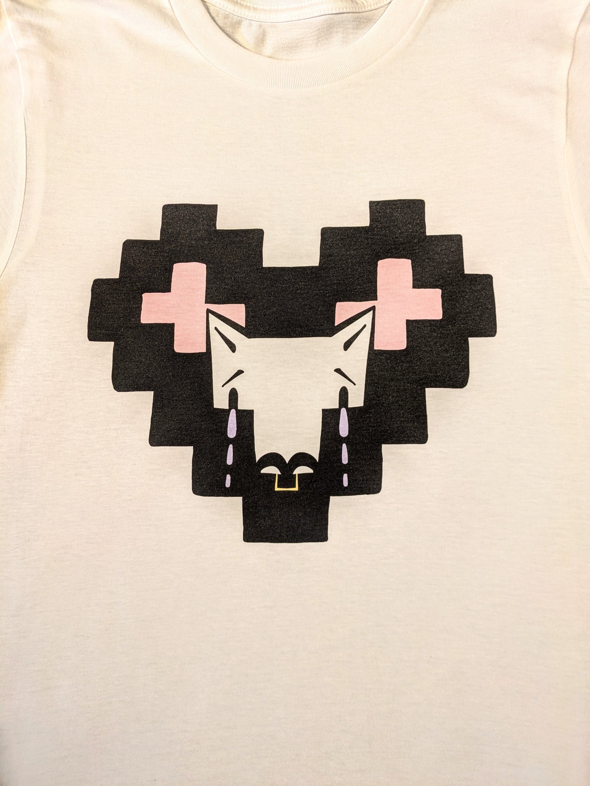 Black pixel heart featuring crying Coyote character