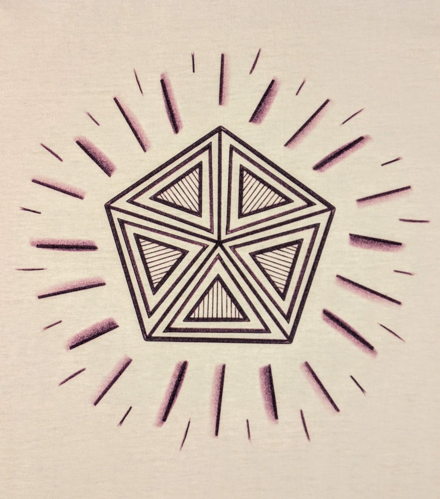 Geometric pentagon design in purple with triangles inside the shape and radiant lines