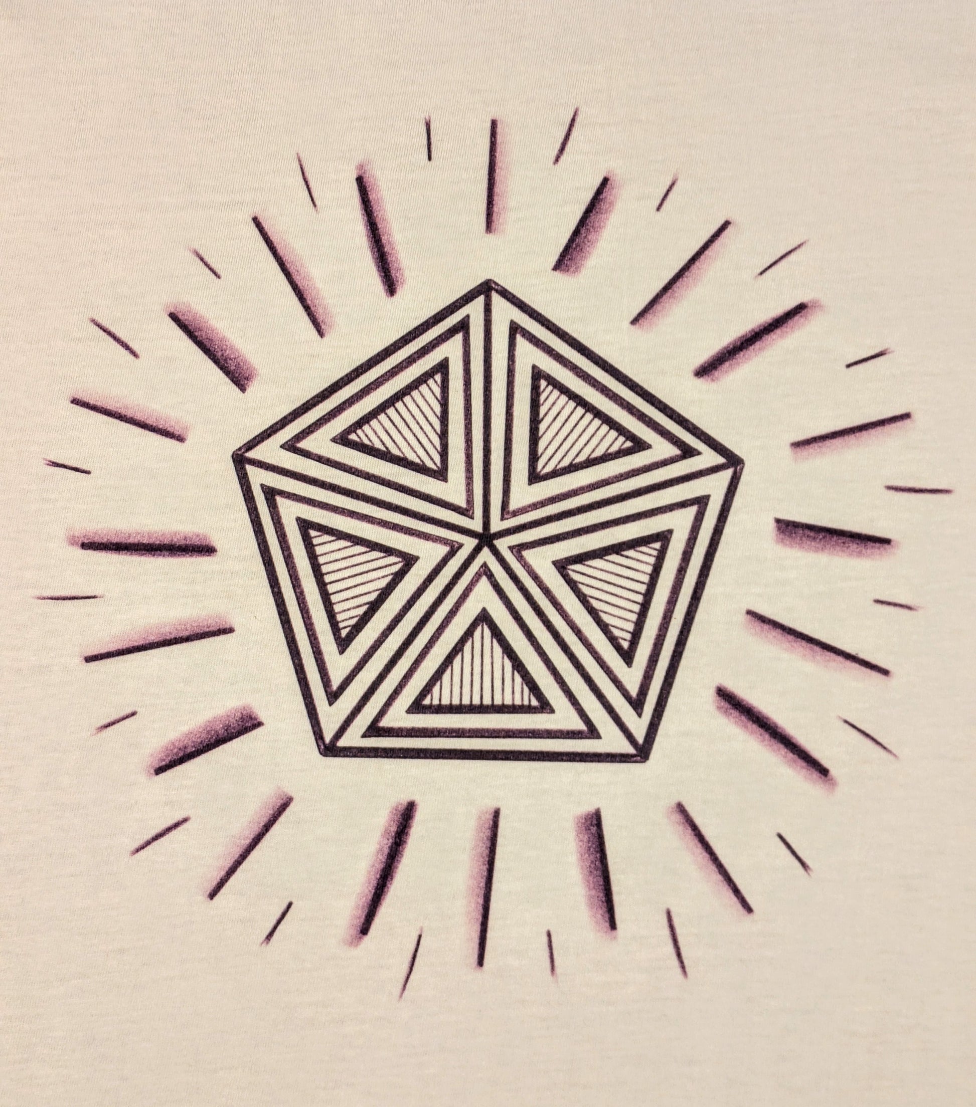 Geometric pentagon design in purple with triangles inside the shape and radiant lines