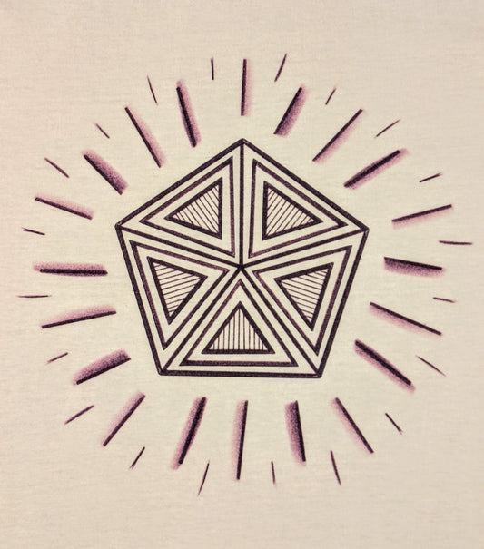 Geometric pentagon design in purple with triangles inside the shape and radiant lines