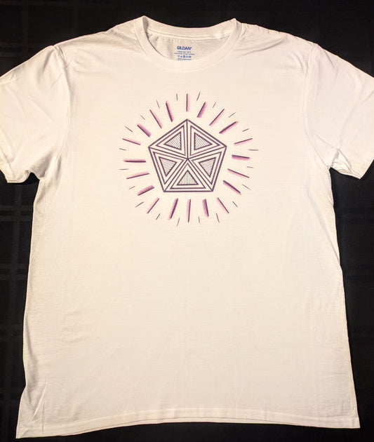White t-shirt with geometric design of a purple pentagon and radiant lines