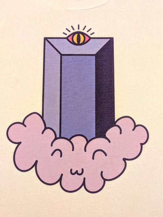 An illustrated representation of the Fifth Third Building with a radiant eye at the top, sitting on top of a light purple cloud that has a cute smiley face