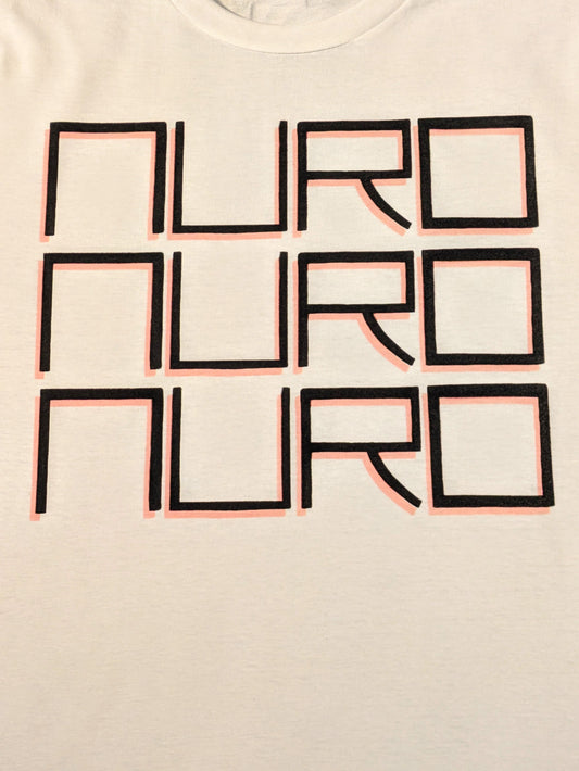 White tee with NURO printed three times vertically in fine block lettering with a light red dropshadow
